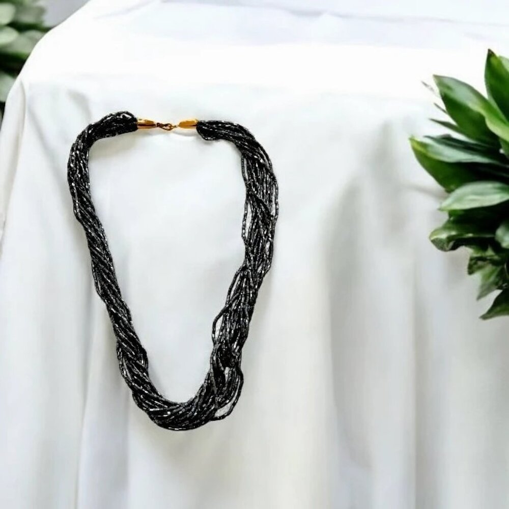Gold Tone Iridescent Gray Black Multi Strand Necklace
